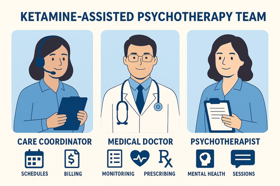 Illustration of a ketamine-assisted psychotherapy care team featuring a care coordinator for scheduling and billing, a medical doctor for prescribing and monitoring, and a psychotherapist for mental health sessions.