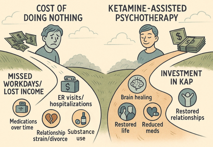 Two-path mental health cost infographic comparing the financial and emotional toll of untreated mental illness with the benefits of Ketamine-Assisted Psychotherapy.