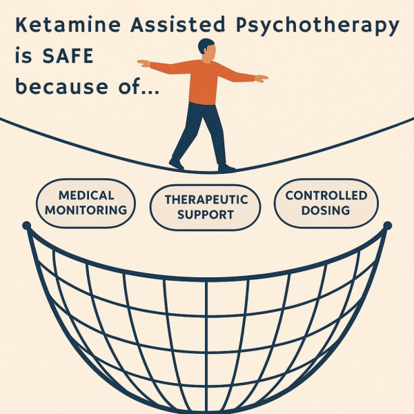 Illustration of a person walking on a tightrope with a labeled safety net below showing “Medical Monitoring,” “Therapeutic Support,” and “Controlled Dosing” to represent the safety measures in Ketamine-Assisted Psychotherapy.