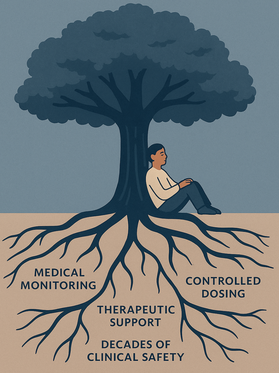 Illustration of a calm person sitting peacefully at the base of a large tree with deep roots labeled Medical Monitoring, Therapeutic Support, Controlled Dosing, and Decades of Clinical Safety, representing the safety and support of ketamine therapy.
